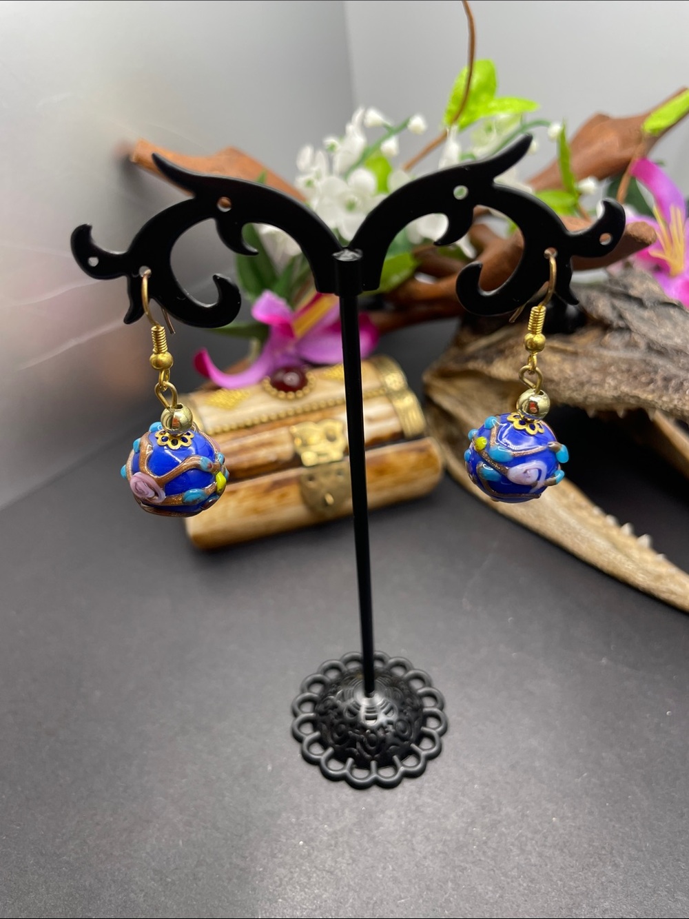 Glass Art cobalt blue pierced earrings vintage